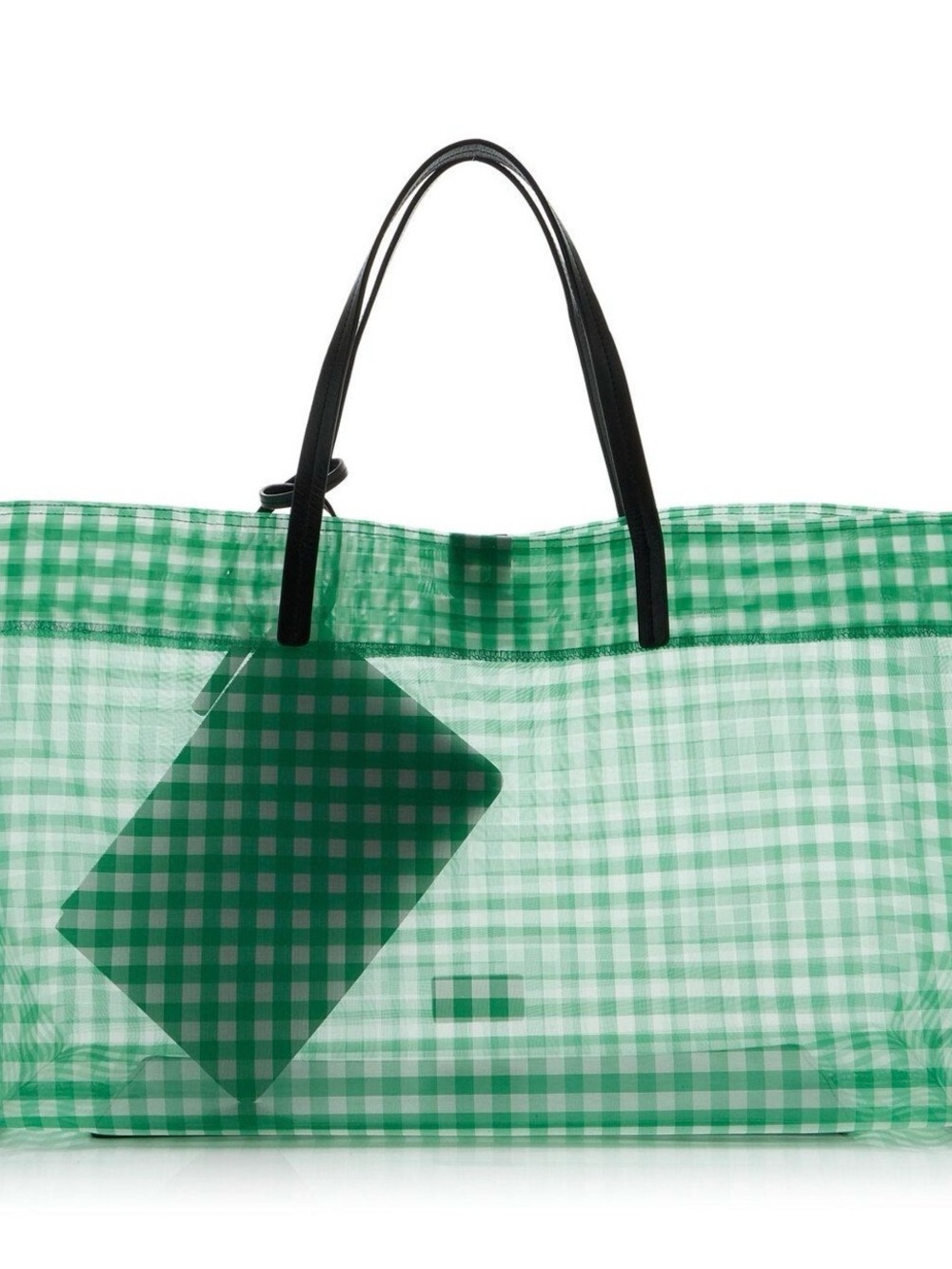 STAUD Green Gingham Tote Bag with Black Handles
